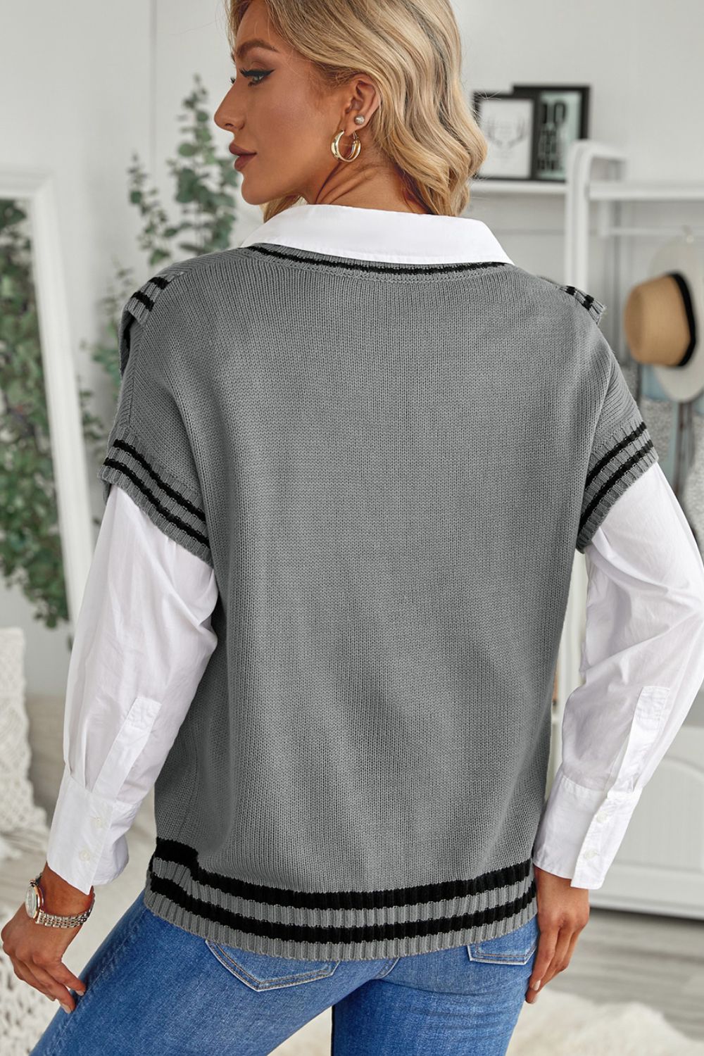 Striped Trim V-Neck Sweater Vest - ClassiQ