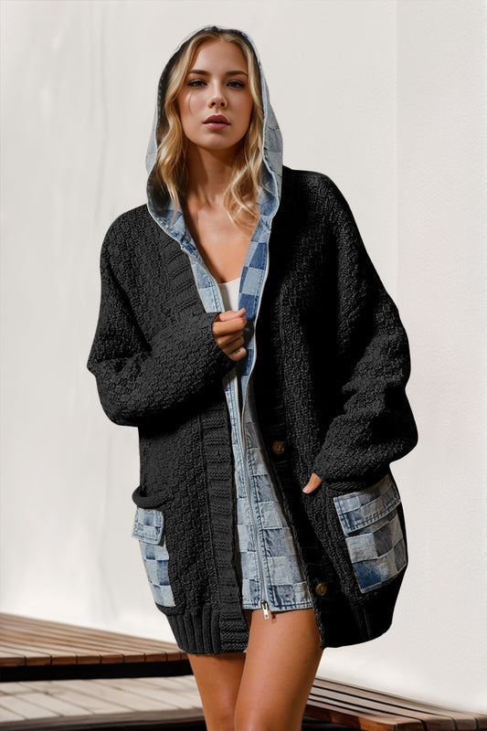 Double Take Full Size Hooded Denim Spliced Sweater Cardigan - ClassiQ