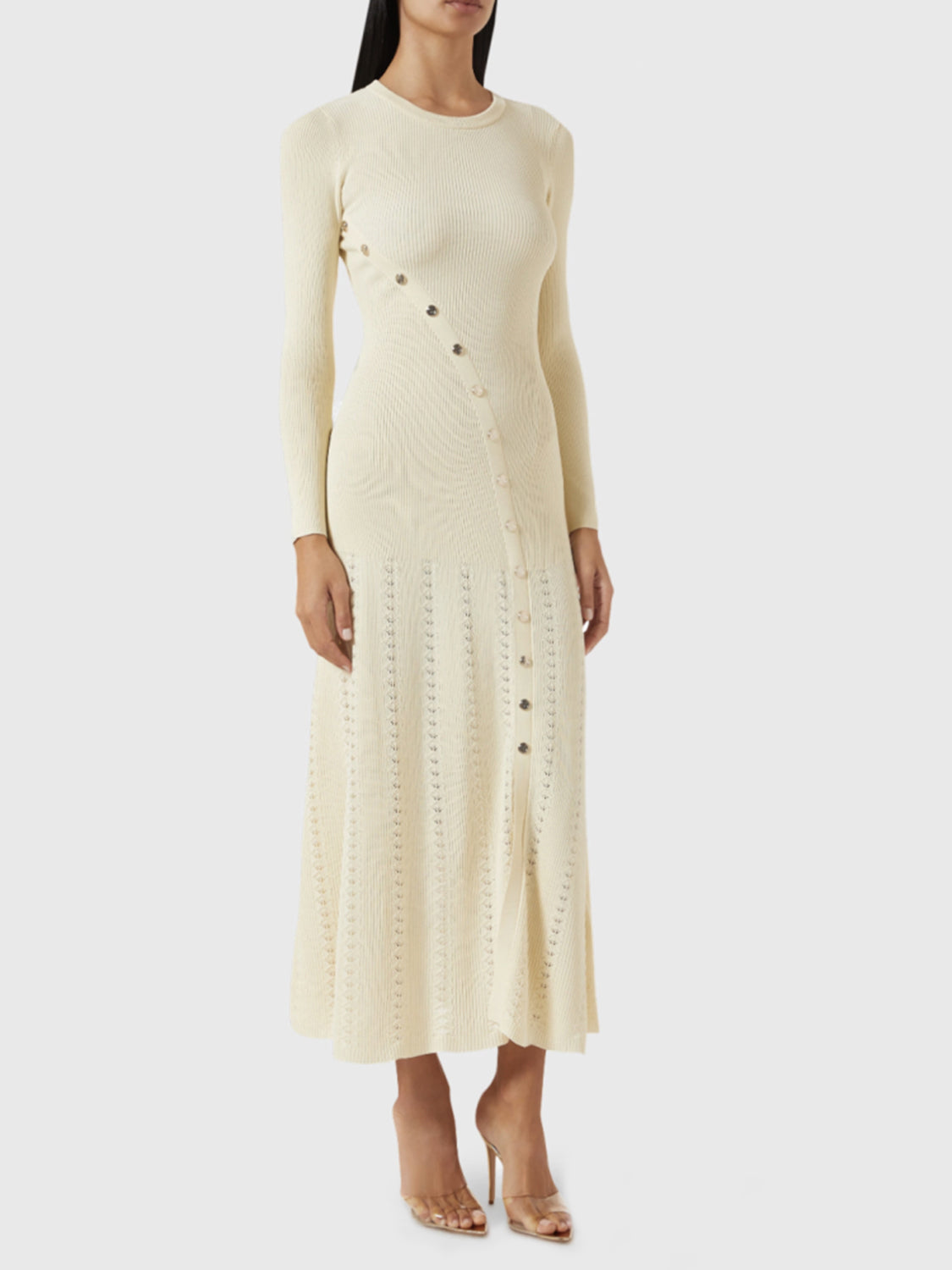 Openwork Round Neck Long Sleeve Sweater Dress - Classique Collection