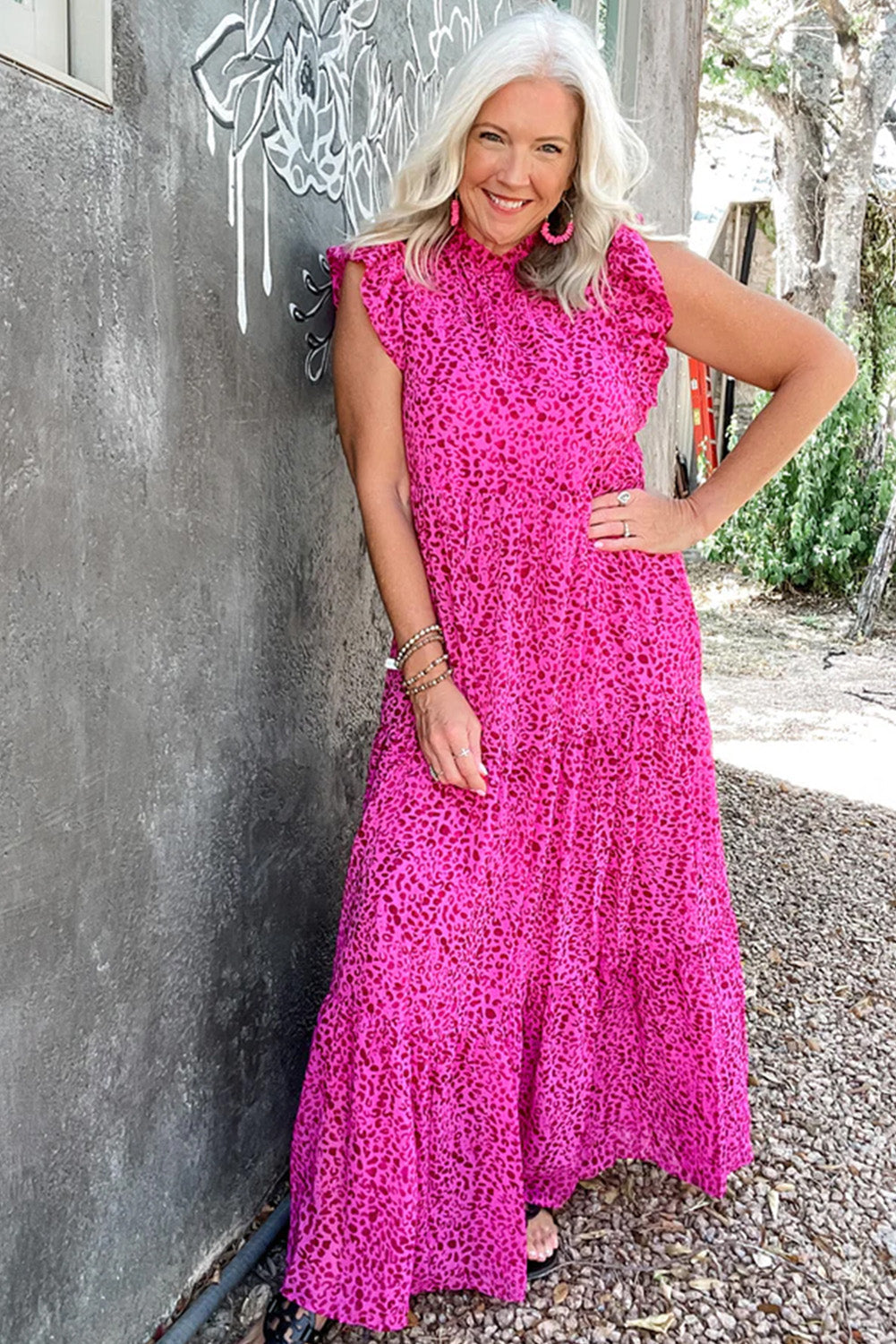 Rose Red Leopard Print Ruffled Trim Tiered Maxi Dress ClassiQ