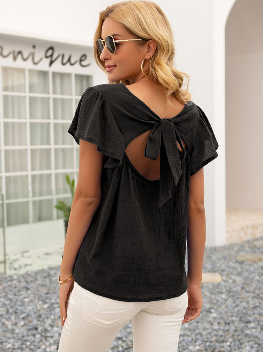 Ivy Lane Round Neck Cutout Tie Back Top - Classique Collection