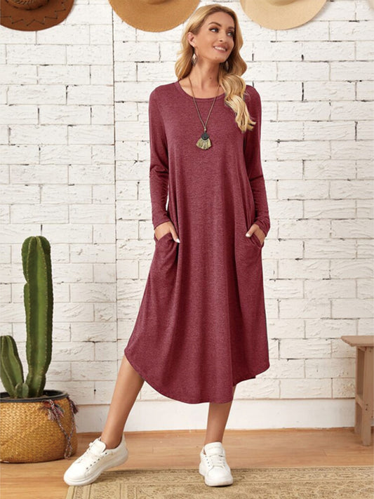 Pocketed Round Neck Long Sleeve Tee Dress - Classique Collection