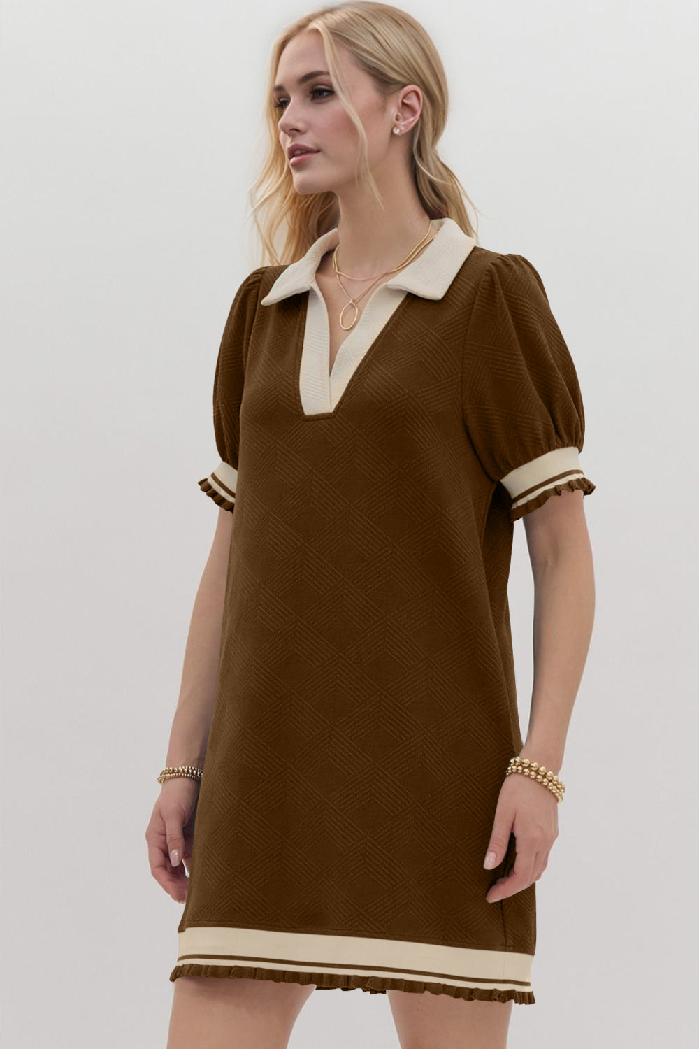 Oh Frill Contrast Trim Johnny Collar Short Sleeve Mini Dress - Classique Collection