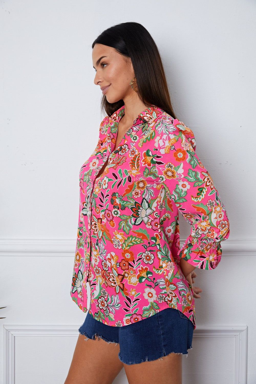 Floral Button Up Flounce Sleeve Shirt - Classique Collection