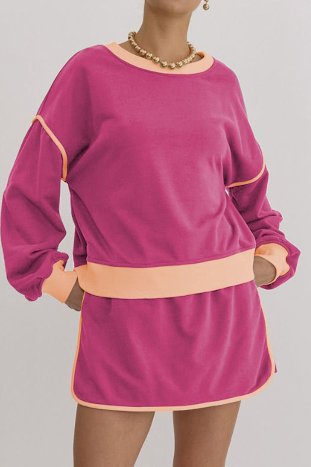 Contrast Trim Round Neck Top and Skort Set - ClassiQ
