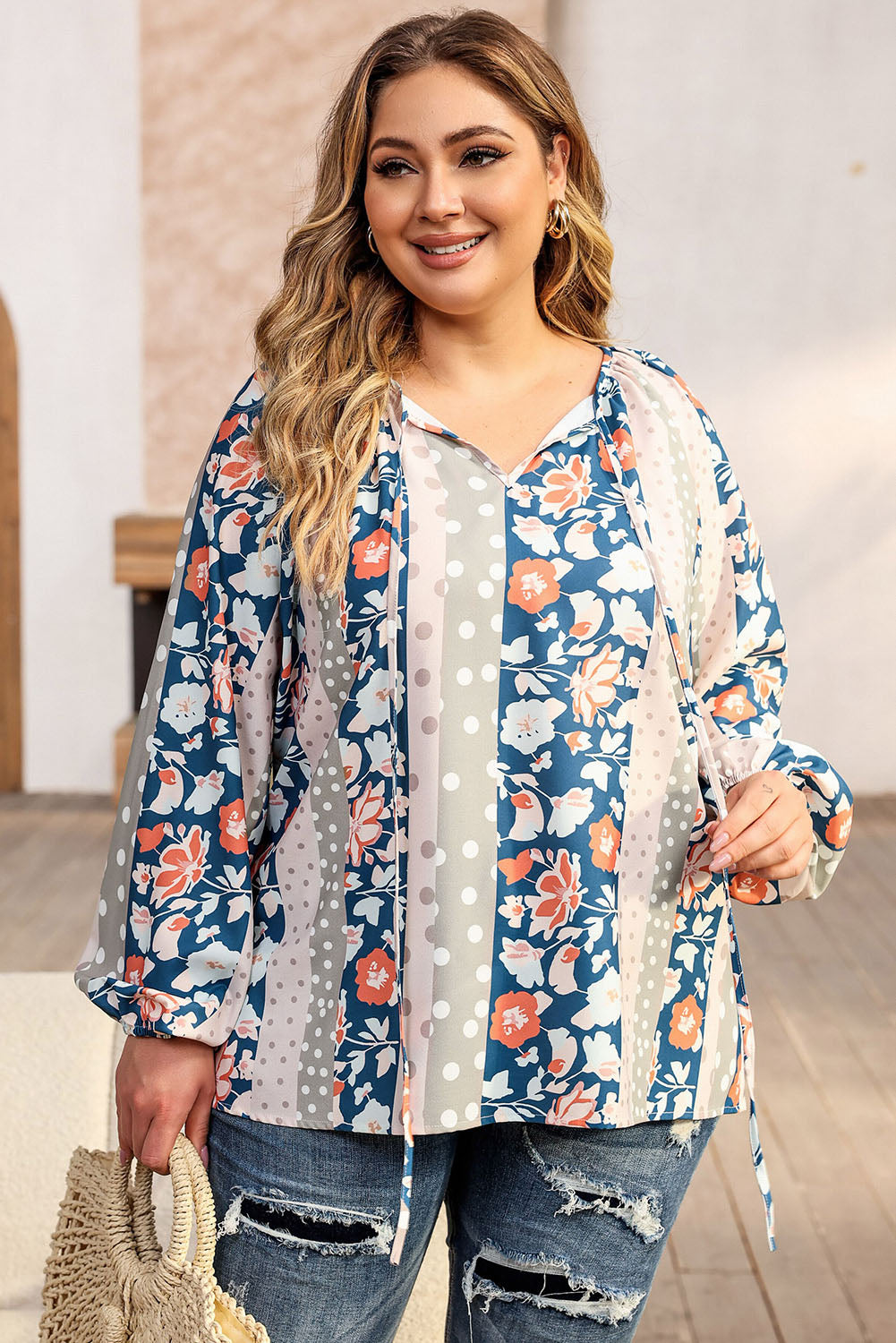Plus Size Floral Tie Neck Blouse - Classique Collection