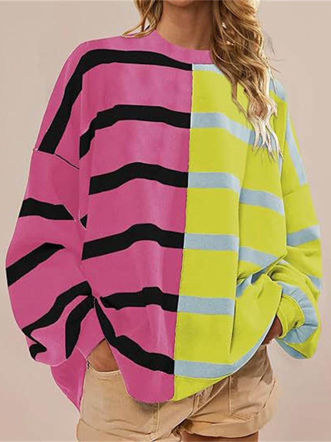 Striped Round Neck Long Sleeve Sweater - ClassiQ