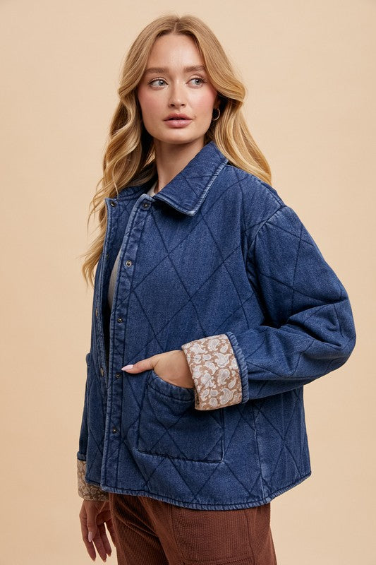 Annie Wear Quilted Printed Lining Snap Down Denim Jacket - ClassiQ