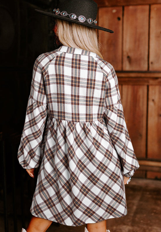 Full Size Plaid Collared Neck Balloon Sleeve Mini Shirt Dress - Classique Collection