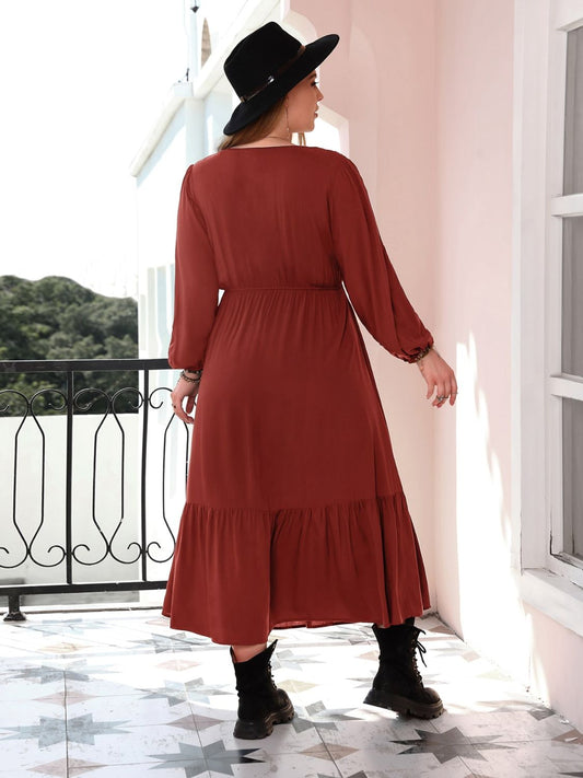 Plus Size Quarter Button V-Neck Long Sleeve Dress - Classique Collection