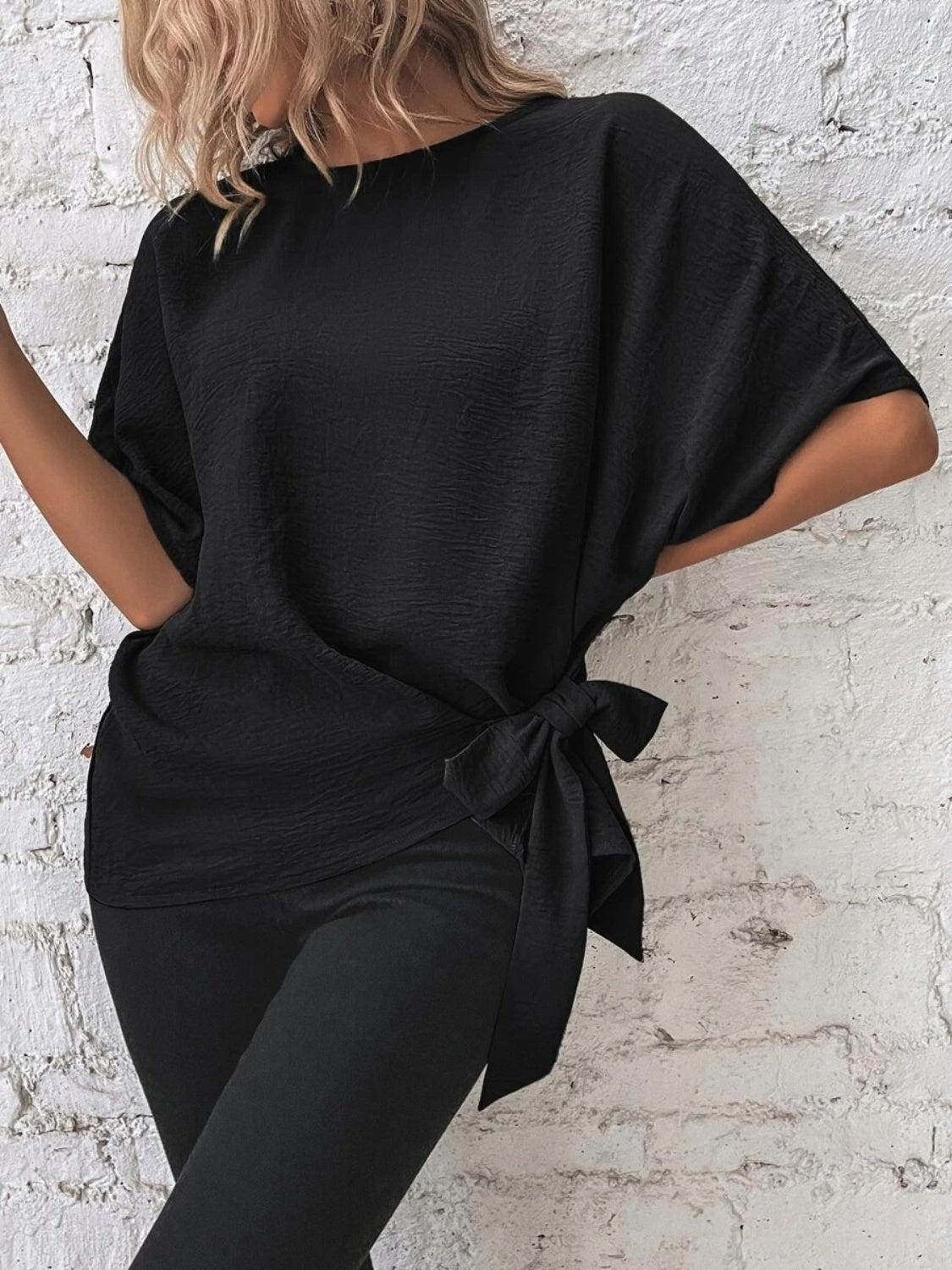 Knotted Round Neck Half Sleeve Blouse - ClassiQ