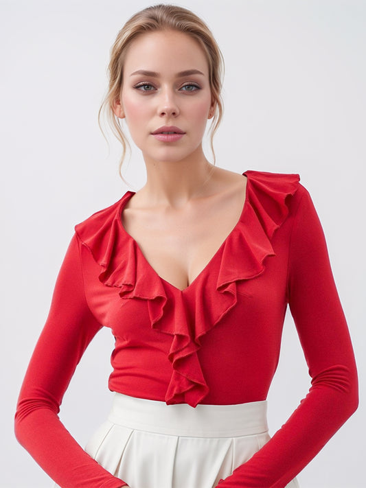 Ruffled V-Neck Long Sleeve T-Shirt - Classique Collection