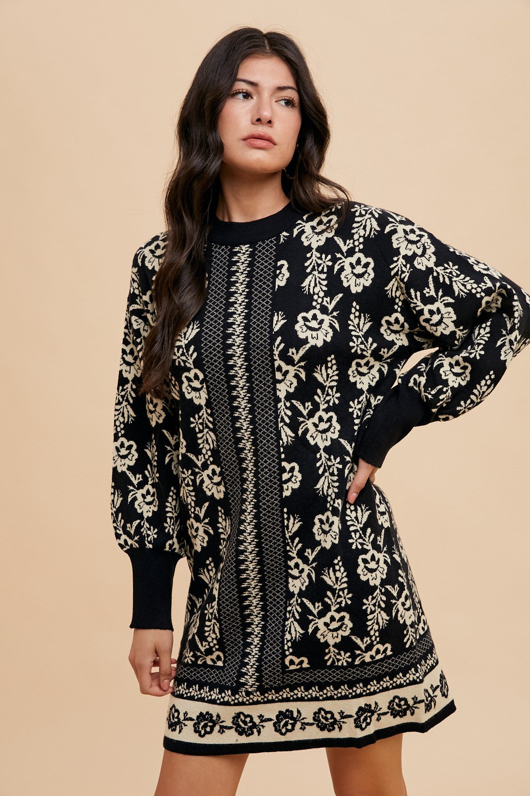 Annie Wear Floral Jacquard Round Neck Sweater Dress - Classique Collection