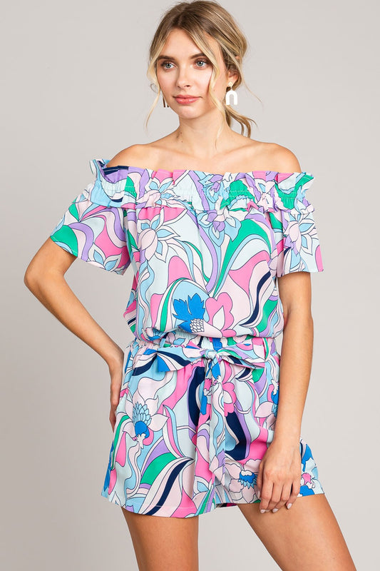 Cotton Bleu by Nu Label Abstracted Print Tie Front Shorts - Classique Collection
