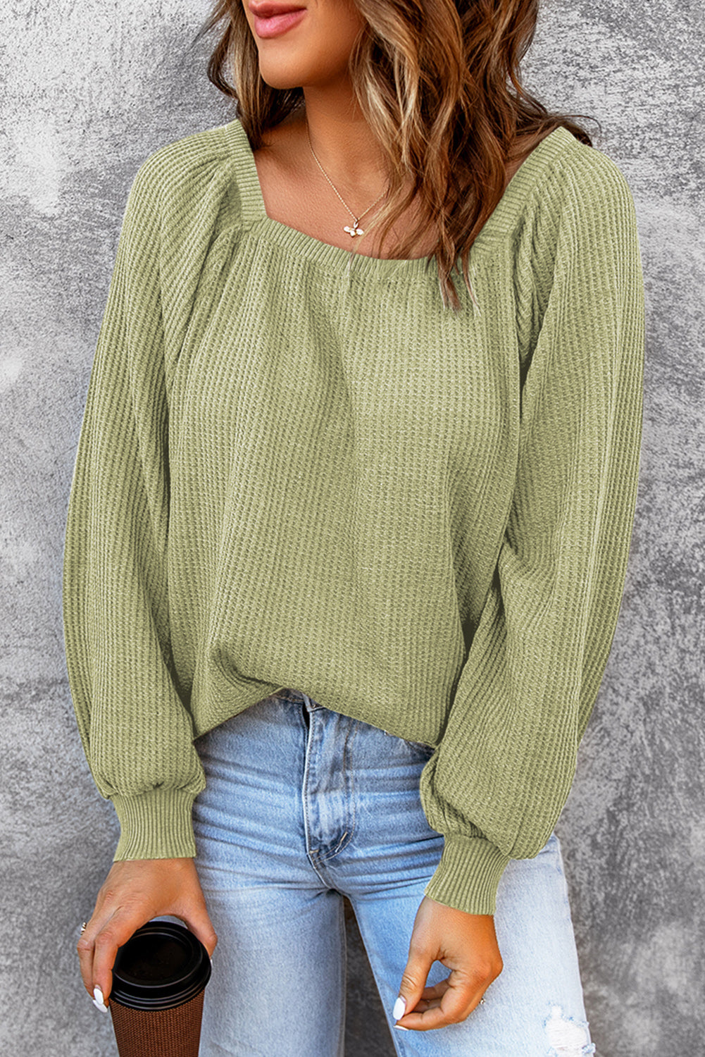 Square Neck Waffle-Knit Top - Classique Collection