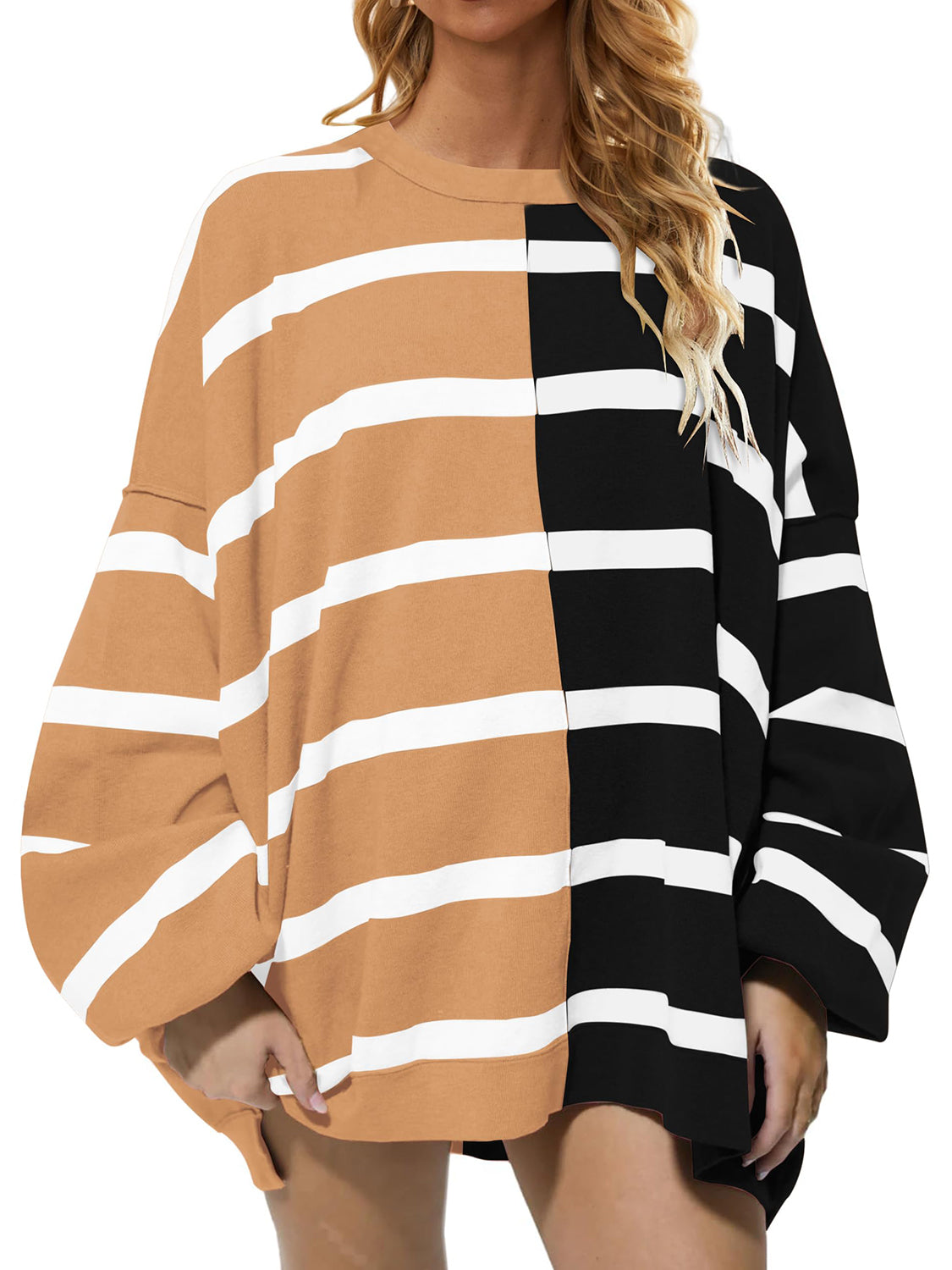 Striped Round Neck Long Sleeve Sweater - ClassiQ
