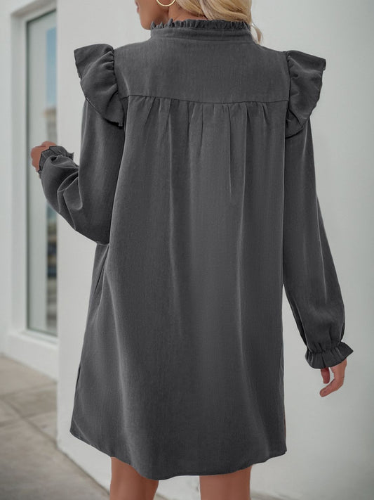 Perfee Ruffled Notched Long Sleeve Mini Dress - Classique Collection