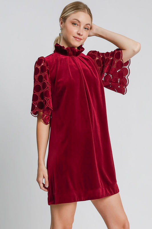 Umgee Dotted Lace Half Sleeve Mock Neck Back Tie Velvet Dress - Classique Collection