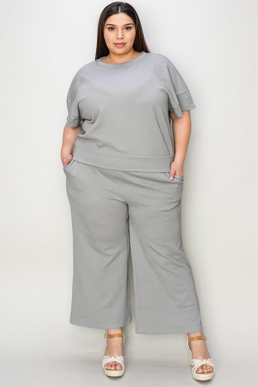 Double Take Full Size Texture Short Sleeve Top and Pants Set - ClassiQ