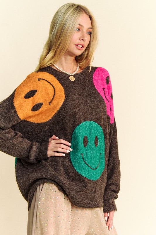Davi & Dani Contrast Smile Round Neck Oversize Sweater - ClassiQ