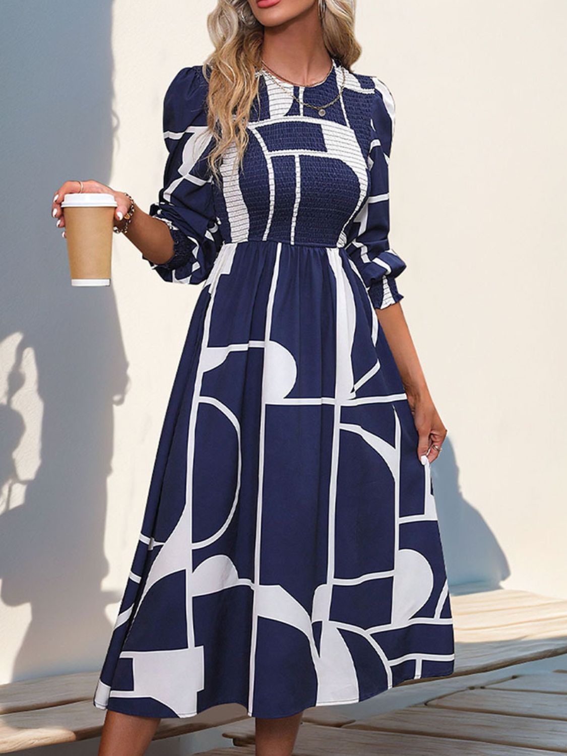 Perfee Smocked Color Block Long Sleeve Midi Dress - Classique Collection
