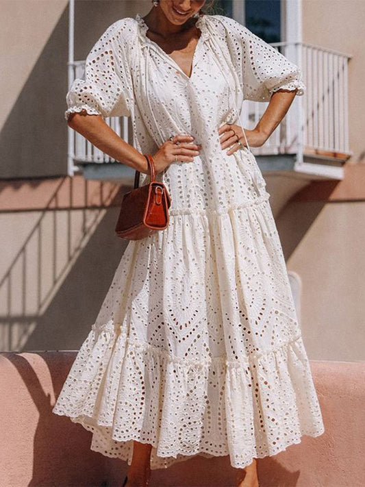 Tie Neck Half Sleeve Tiered Dress - Classique Collection