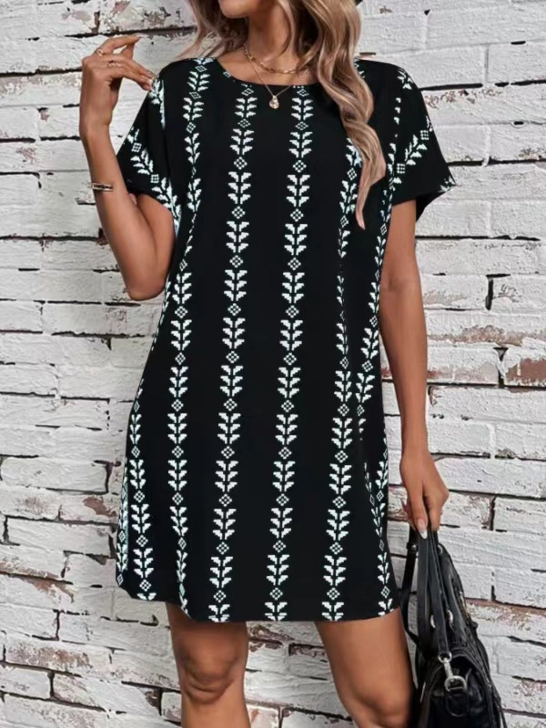 Printed Round Neck Short Sleeve Dress - Classique Collection
