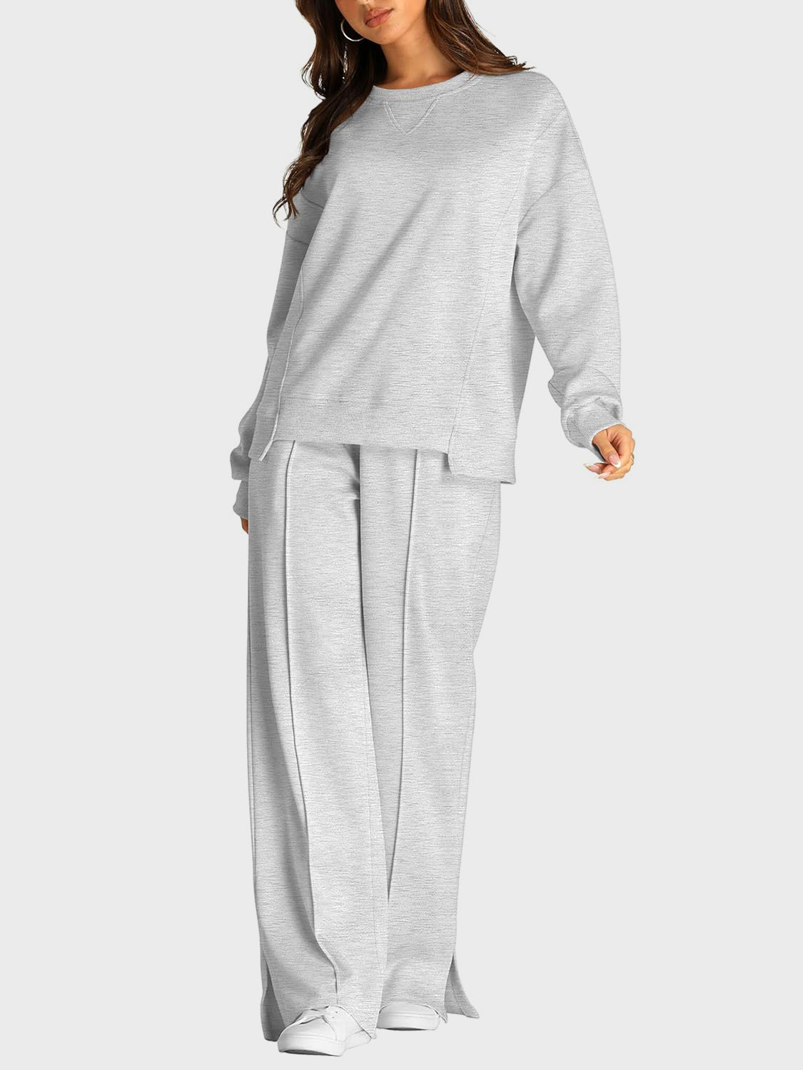 Round Neck Long Sleeve Top and Slit Pants Set - ClassiQ