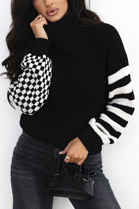 Striped & Checkered Turtleneck Dropped Shoulder Sweater - ClassiQ