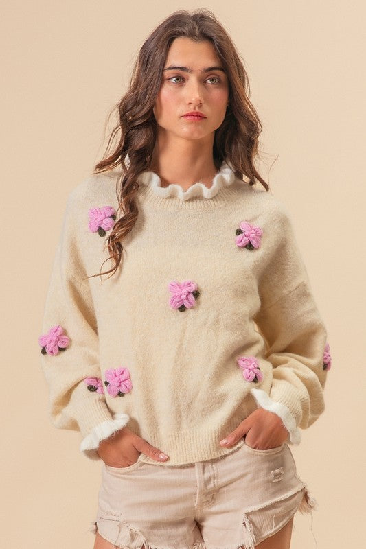 BiBi Ruffled Crochet Flower Dropped Shoulder Sweater - ClassiQ