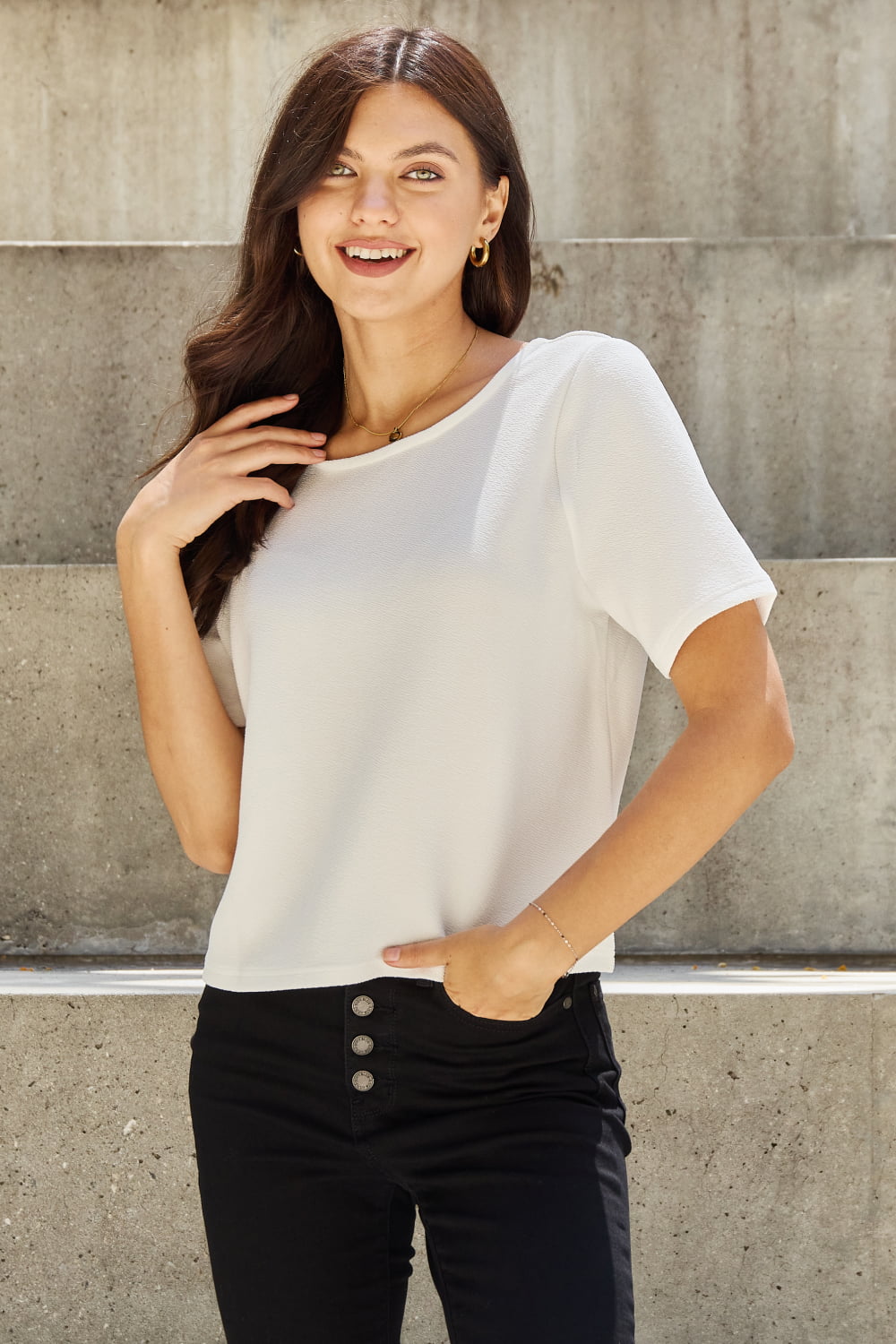 And The Why Pearly White Full Size Criss Cross Pearl Detail Open Back T-Shirt - Classique Collection