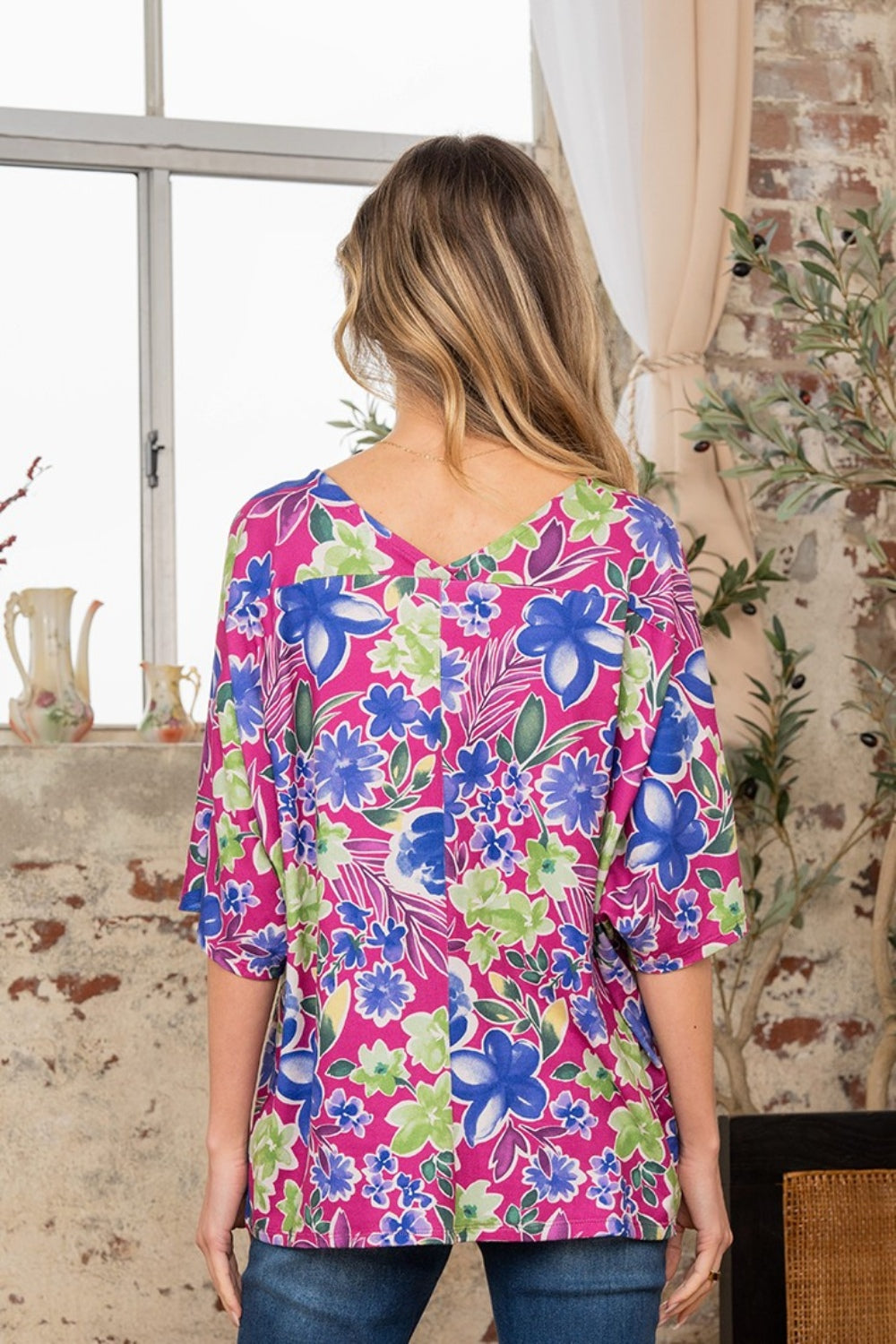 Sew In Love Full Size V-Neck Floral Half Sleeve Top - ClassiQ