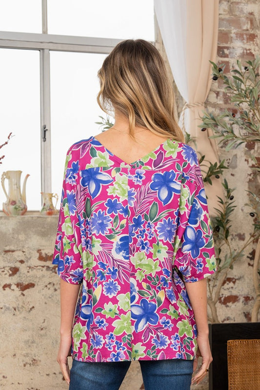 Sew In Love Full Size V-Neck Floral Half Sleeve Top - ClassiQ
