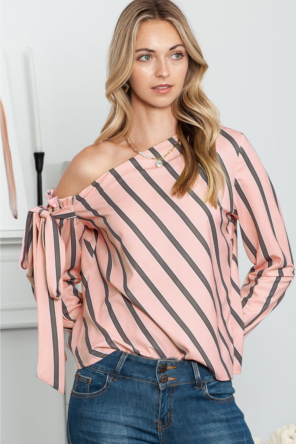 Striped Asymmetrical Long Sleeve Blouse - Classique Collection