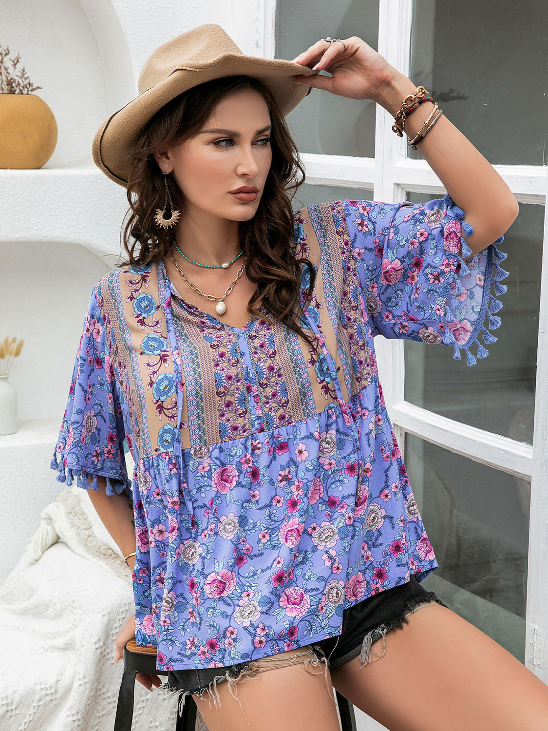 Plus Size Printed V-Neck Half Sleeve Blouse - Classique Collection