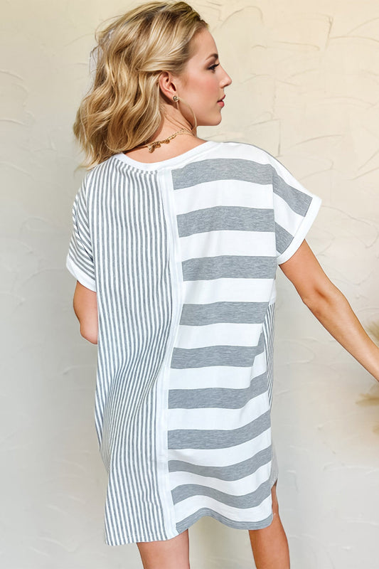 Oh Full Size Striped Round Neck Short Sleeve Mini Tee Dress - Classique Collection