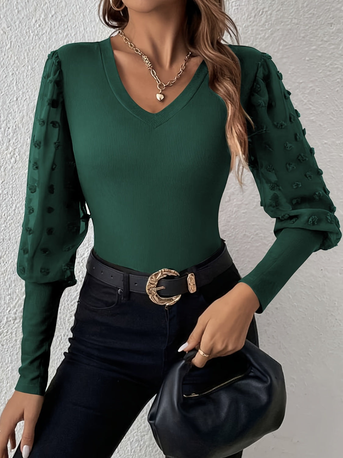 Swiss Dot V-Neck Long Sleeve Top - Classique Collection