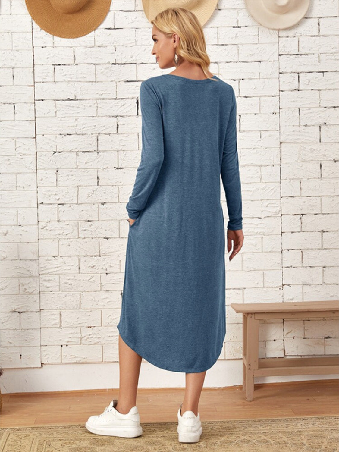 Pocketed Round Neck Long Sleeve Tee Dress - Classique Collection
