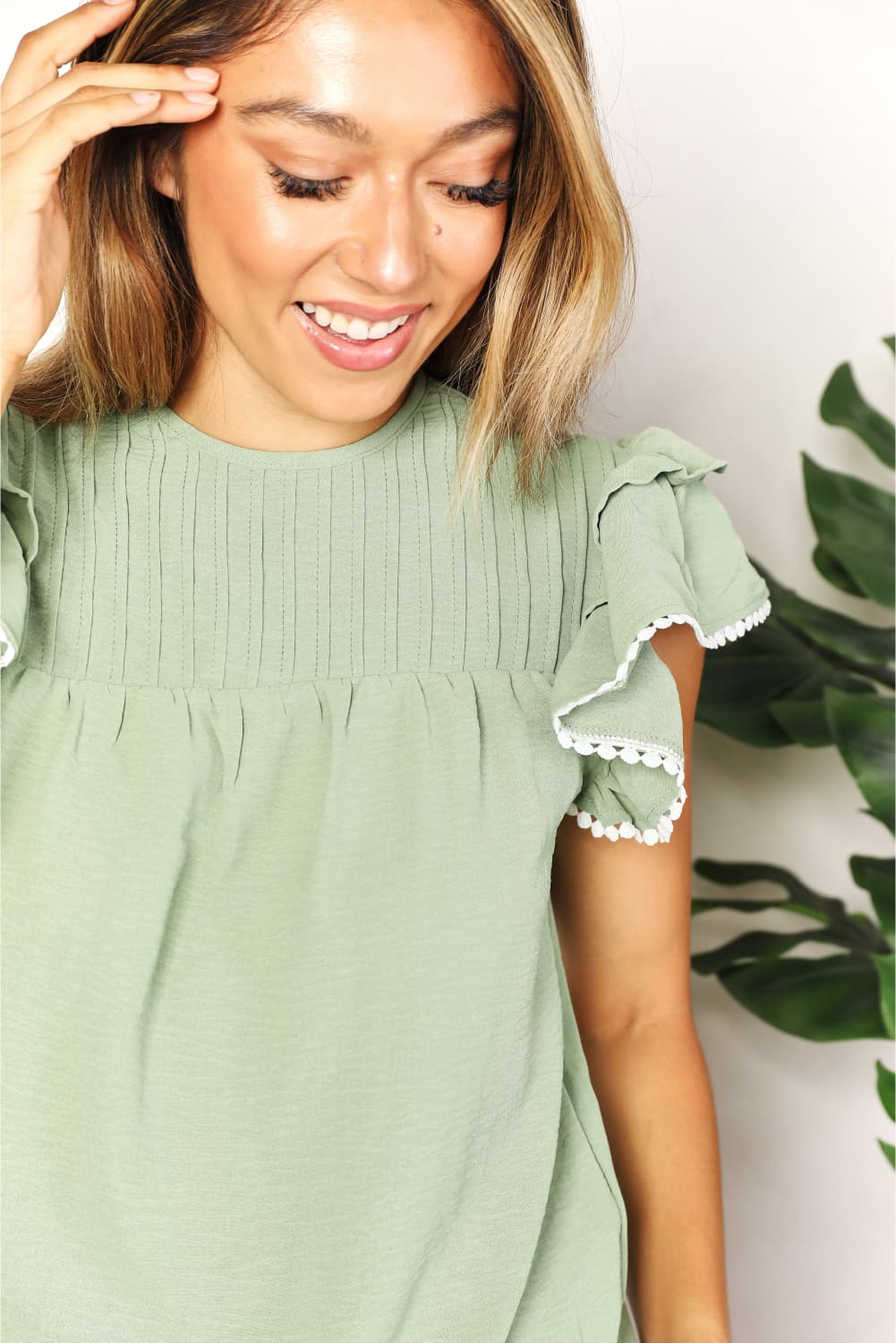 Perfee Pleated Detail Flutter Sleeve Blouse - ClassiQ