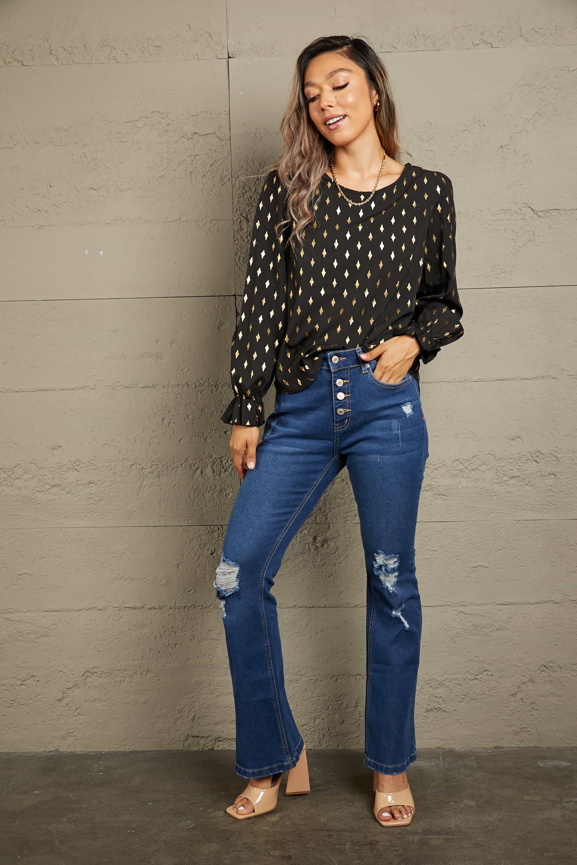 Perfee Printed Round Neck Flounce Sleeve Blouse - Classique Collection