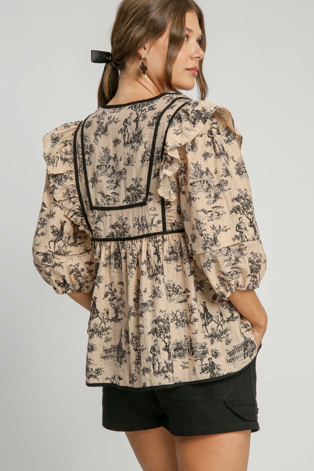 Umgee Ruffled Tie Neck Puff Sleeve Babydoll Blouse - Classique Collection