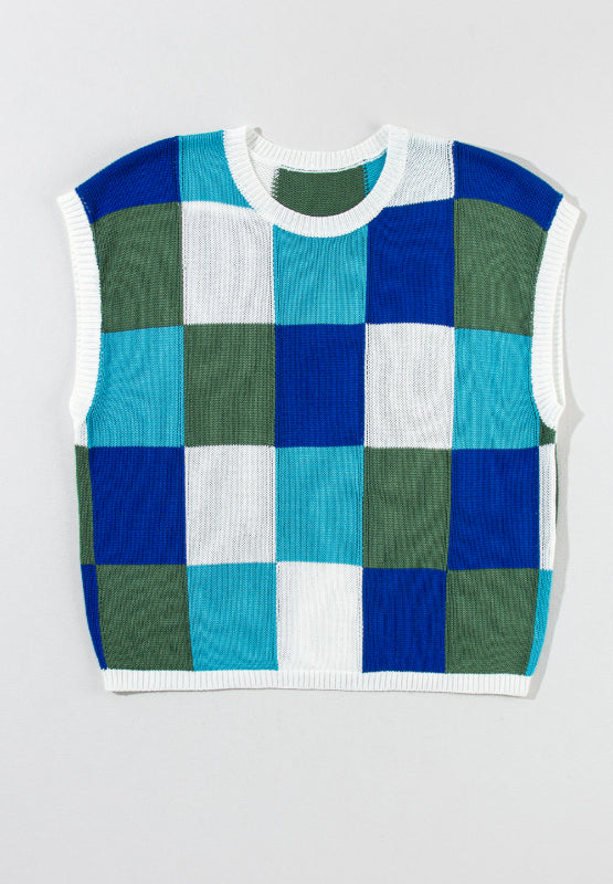 Contrast Plaid Round Neck Cap Sleeve Sweater - ClassiQ
