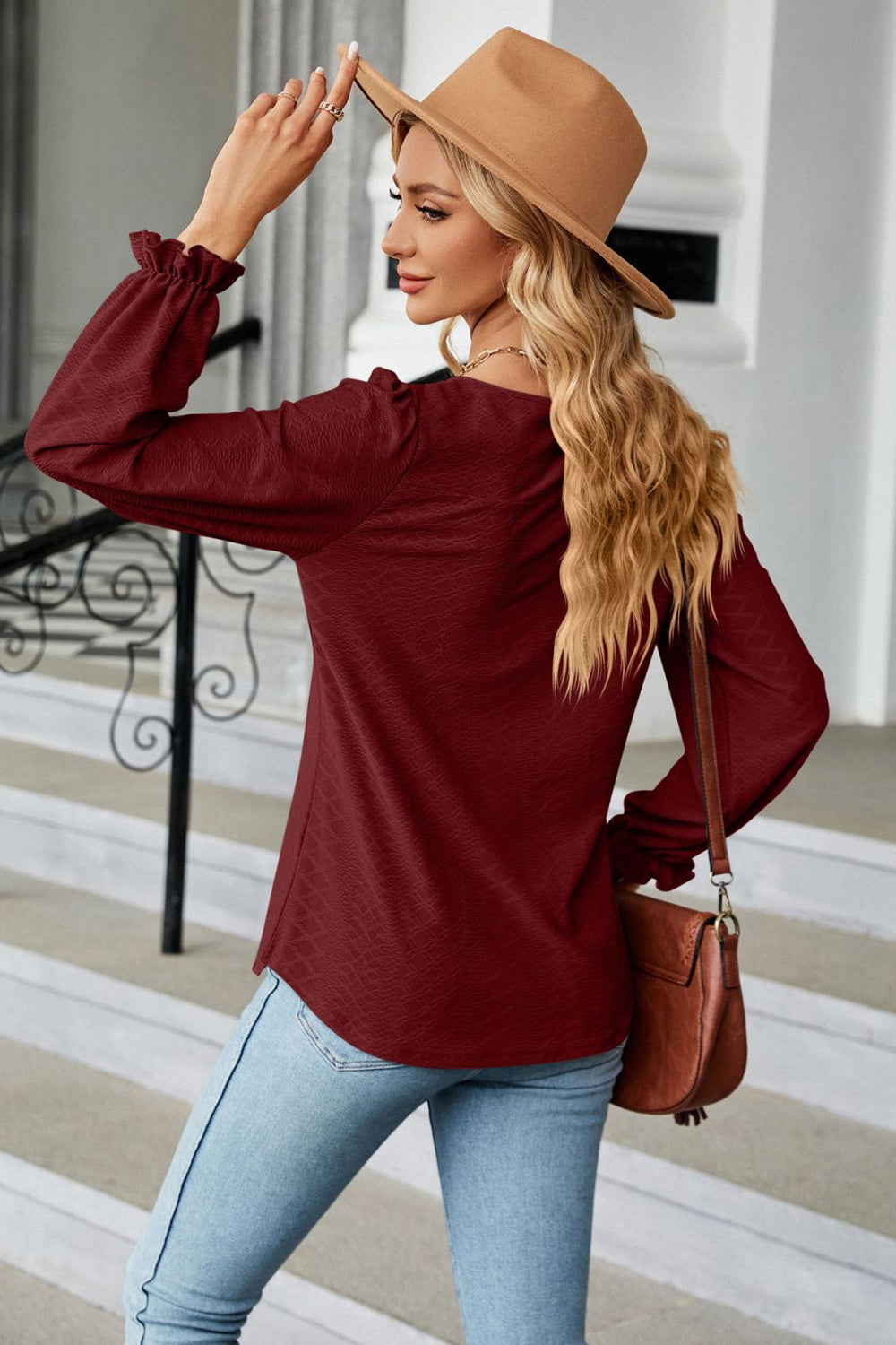 Round Neck Flounce Sleeve Blouse - Classique Collection