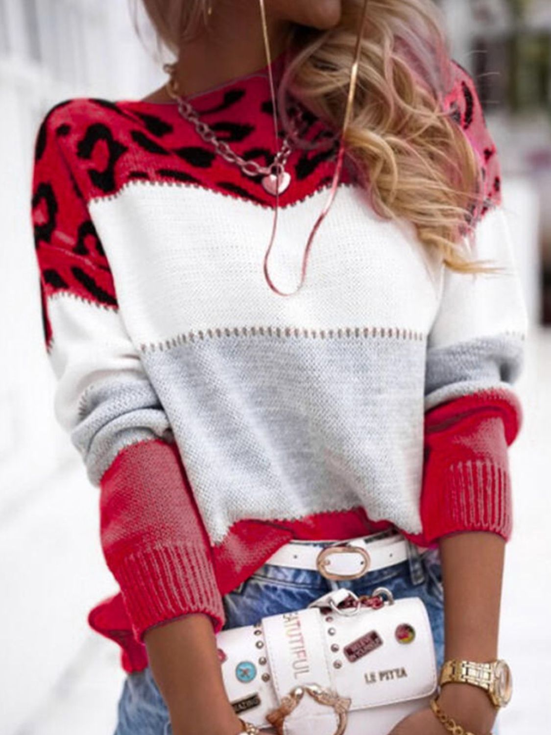 Leopard Color Block Round Neck Long Sleeve Sweater - ClassiQ