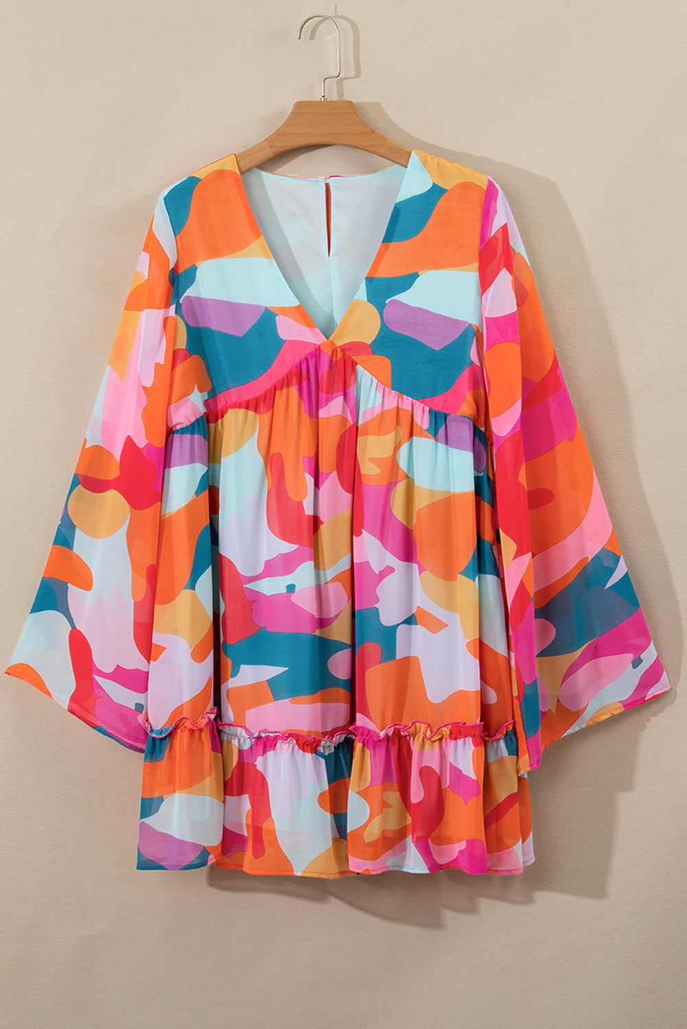 Ruffle Hem Color Block V-Neck Long Sleeve Mini Dress - Classique Collection