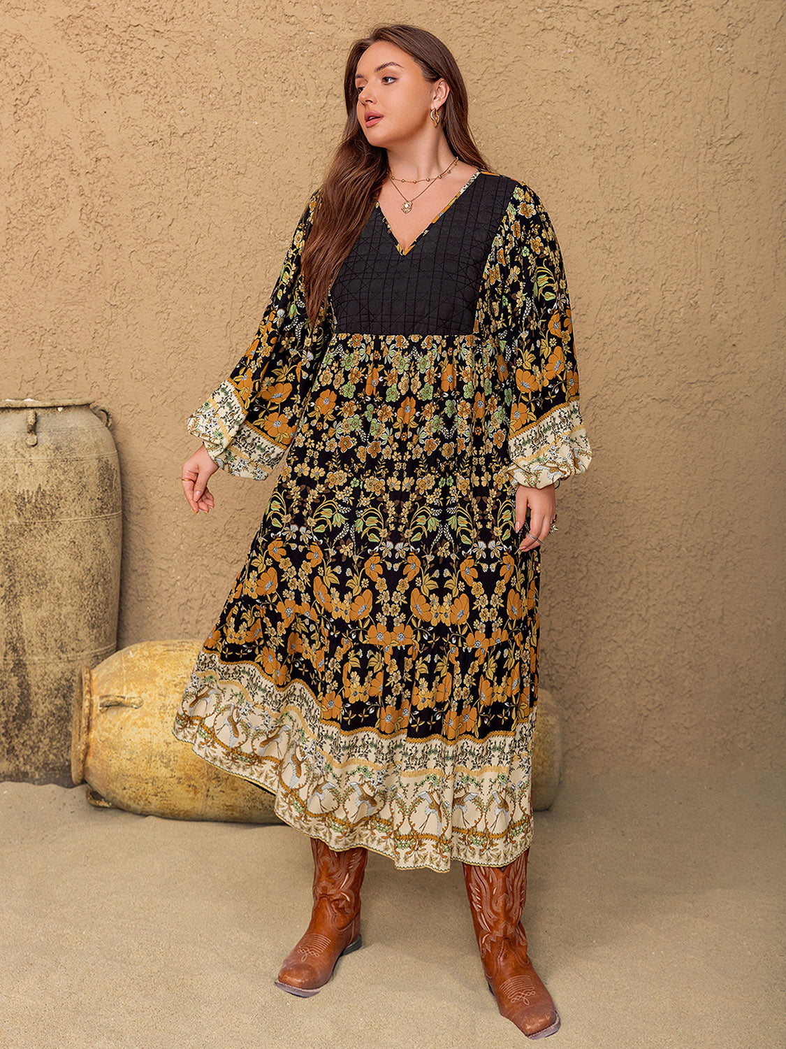 Plus Size Floral V-Neck Balloon Sleeve Midi Dress - Classique Collection
