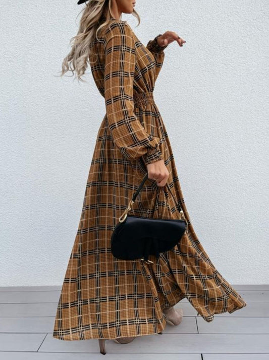 Slit Plaid Tie Neck Long Sleeve Maxi Dress - Classique Collection
