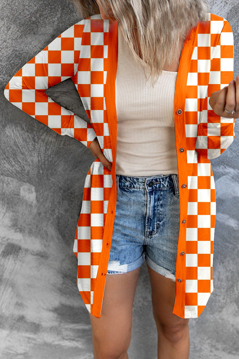 Checkered Button Up Long Cardigan - Classique Collection