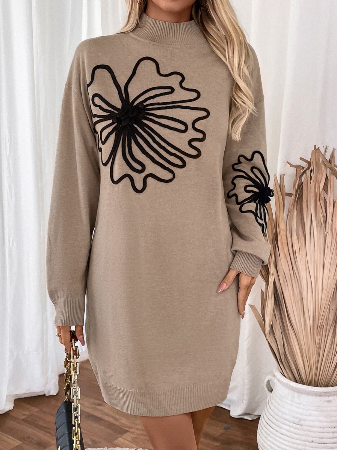 Perfee Flower Mock Neck Long Sleeve Sweater Dress - Classique Collection