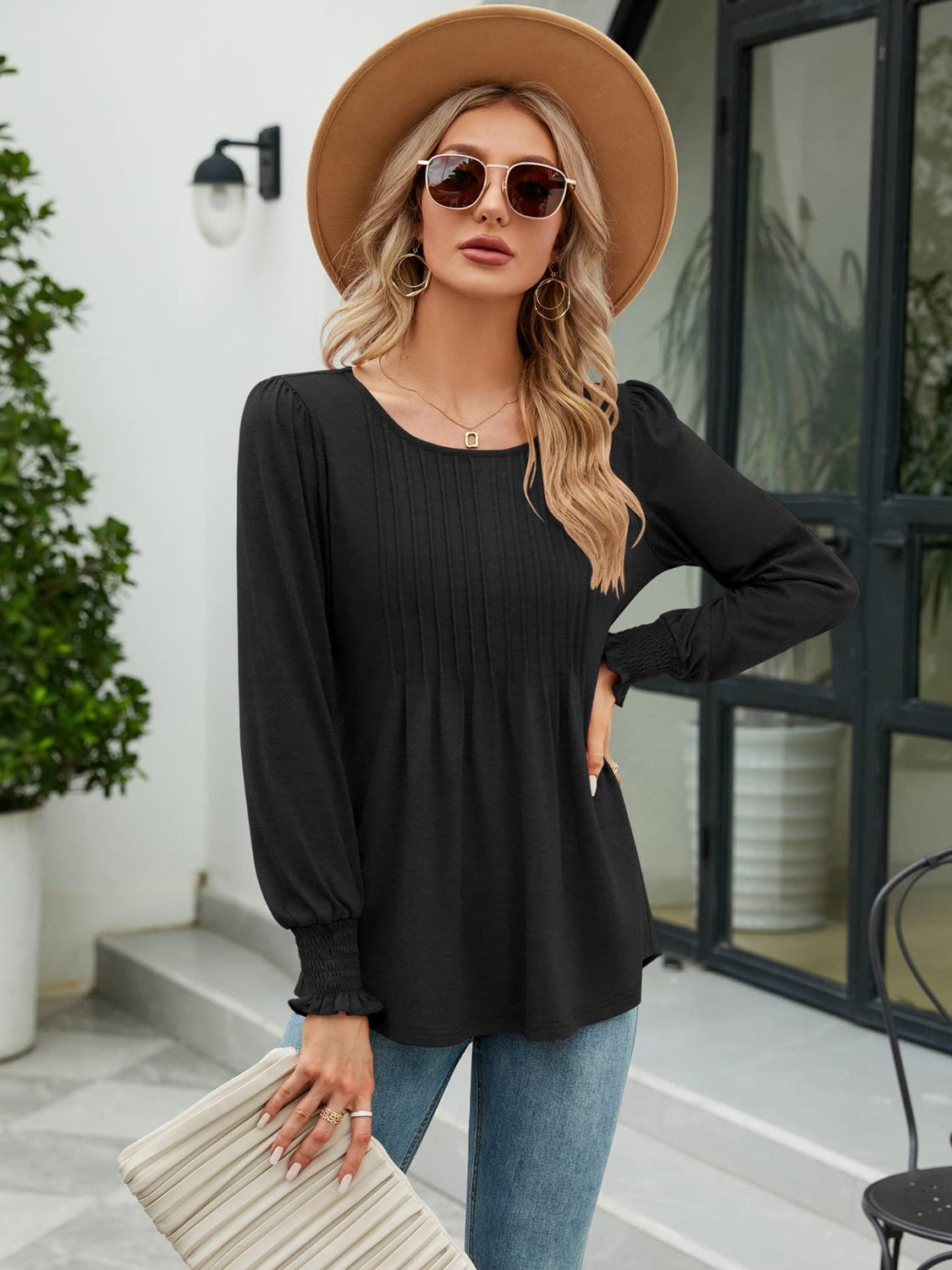 Smocked Round Neck Lantern Sleeve Blouse - Classique Collection